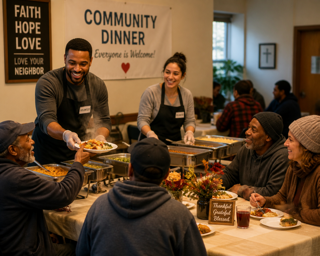 Volunteers serving dinner